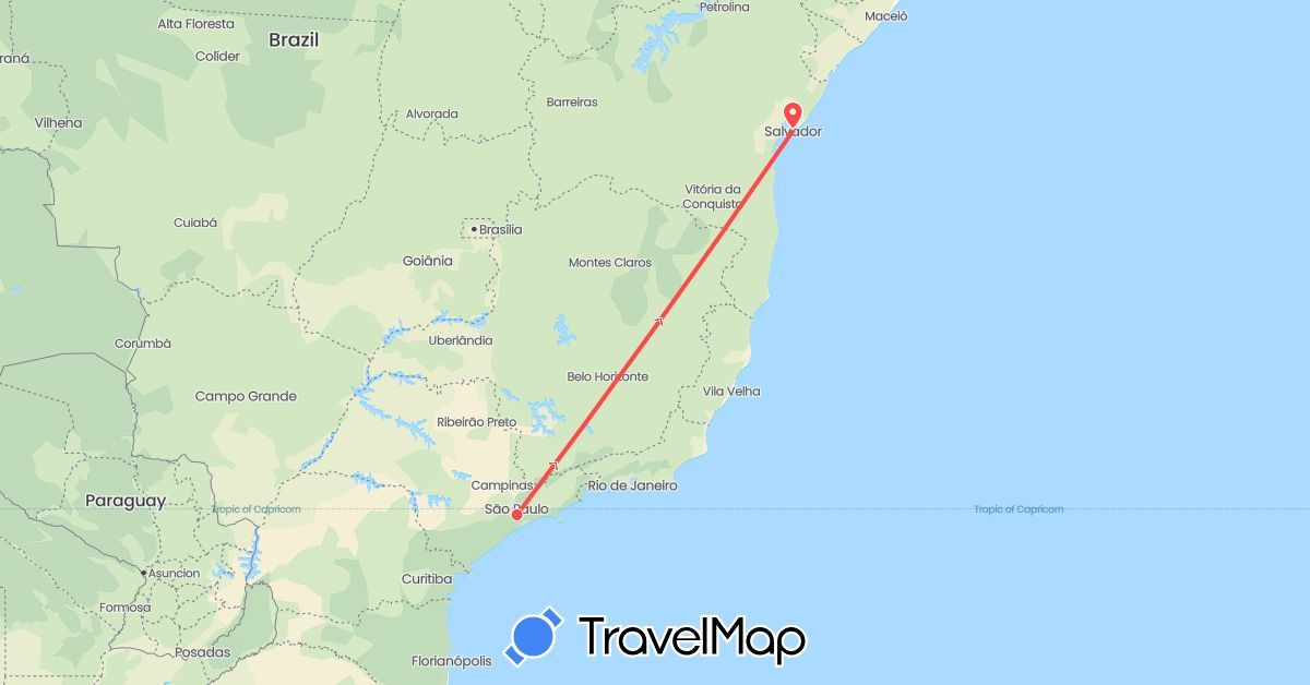 TravelMap itinerary: driving, hiking in Brazil (South America)